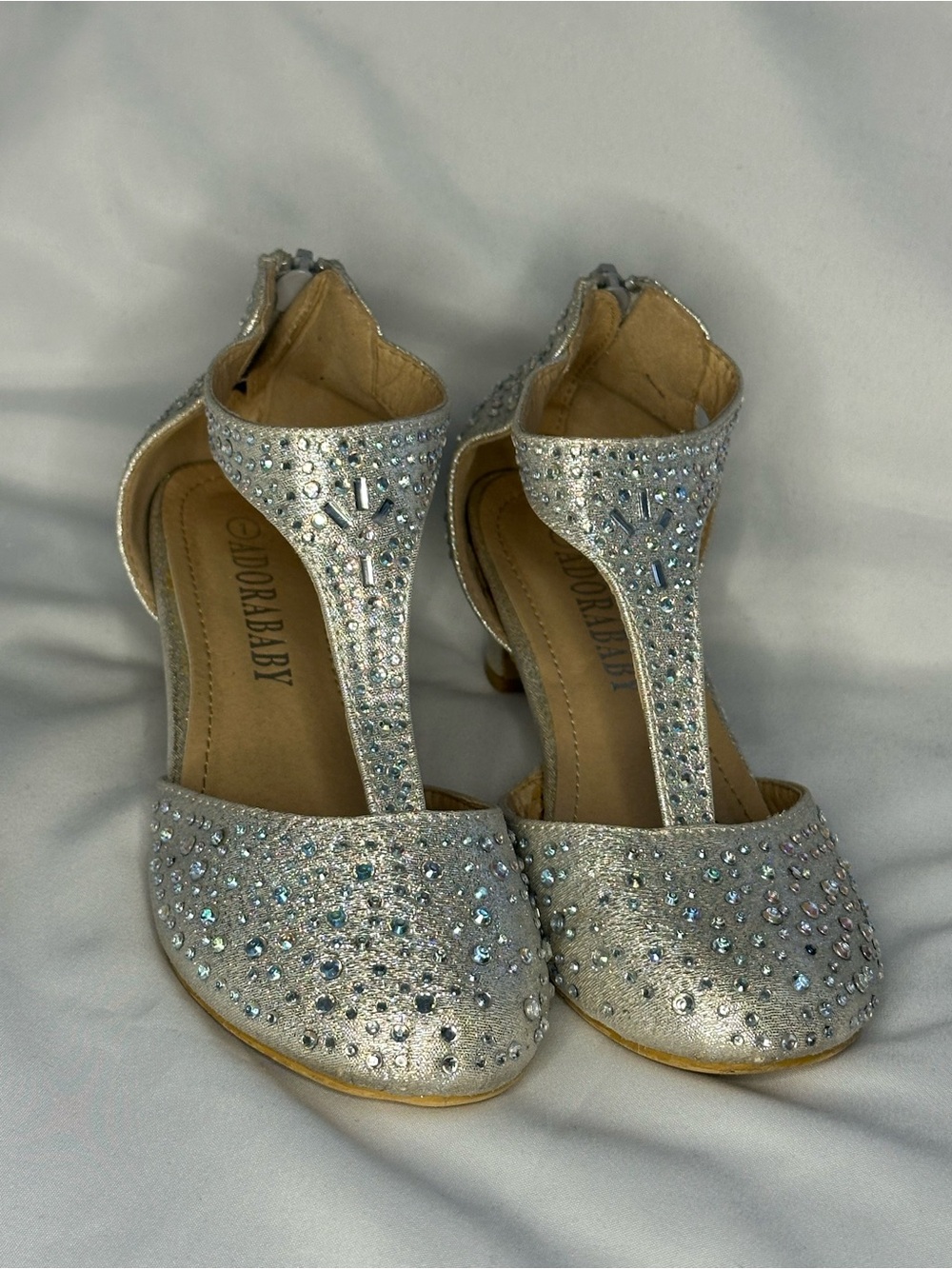 ADORA Silver Crystal-Embellished T-Strap Heels